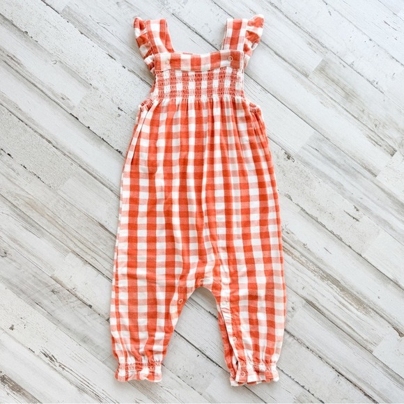 Angel Dear Other - Angel Dear Harvest Pumpkin Smocked Bubble Romper Overalls Orange Gingham 6-12 mo
